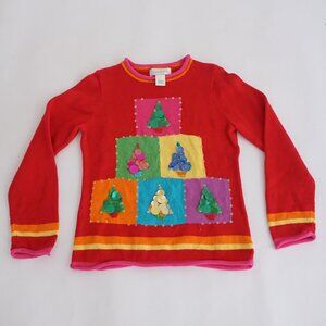 Vintage Susan Bristol Red Sequin Patchwork Christmas Tree Holiday Knit Sweater M
